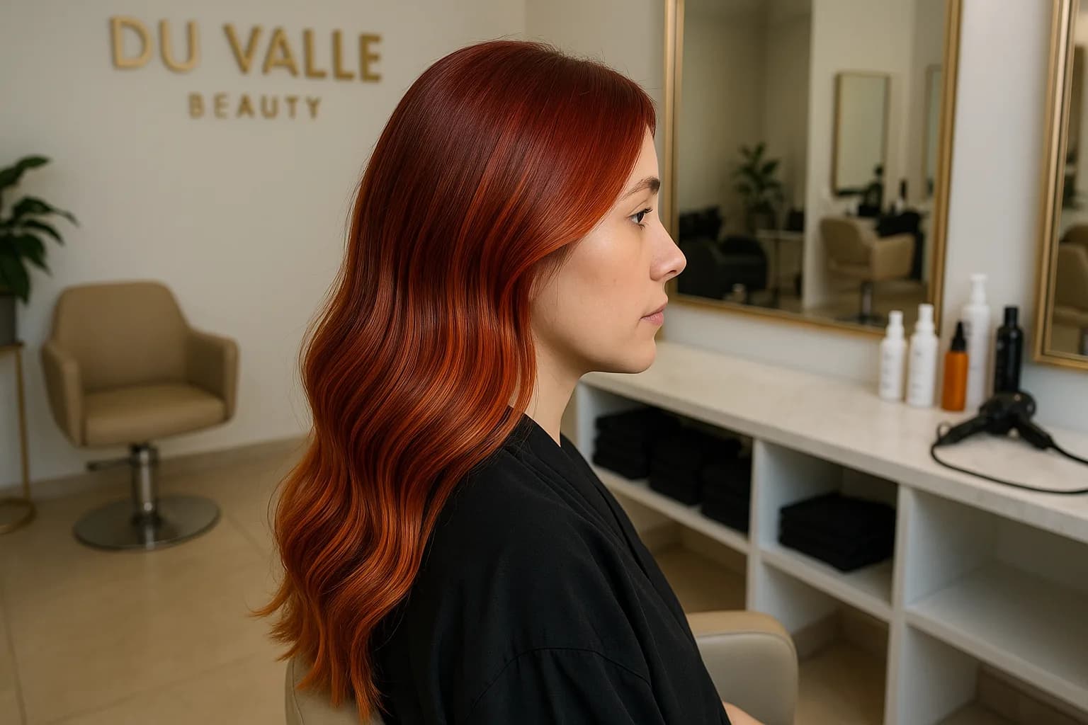Woman with glossy, vibrant hair colour at Du Valle Beauty salon in Lisbon